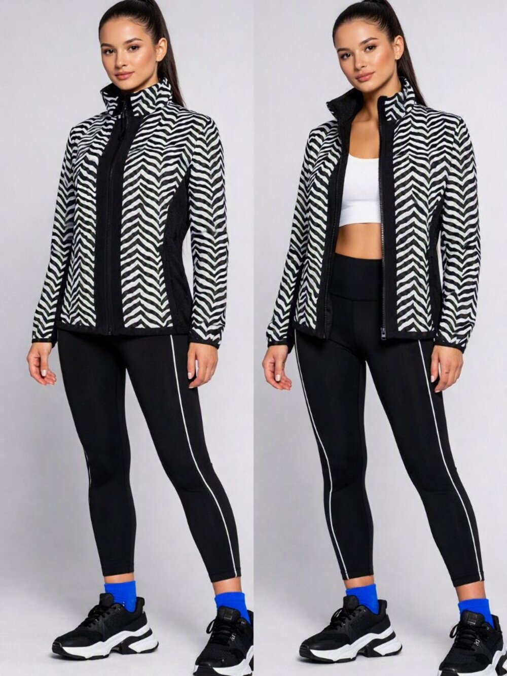 Chico’s Weekends Black&White Zebra  print Zip Up Athletic/Track Jacket Size4/6